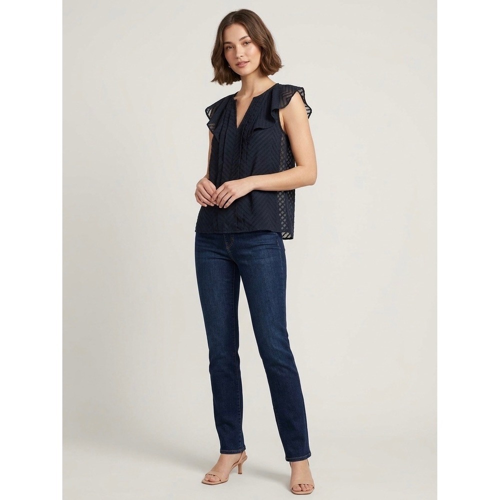 Maeve Anthropologie Navy Blue Chevron Lace Flutter Sleeve V-Neck Blouse Size 4